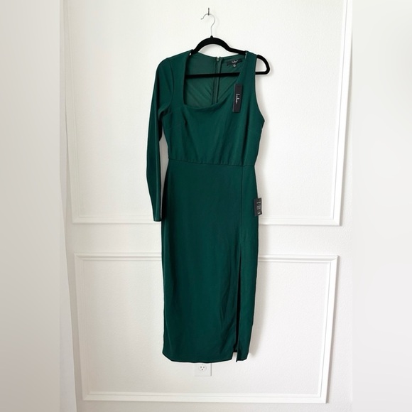 NWT Lulus Stunning Drama Asymmetrical Long Sleeve Midi Dress Emerald Green XL - Picture 2 of 6